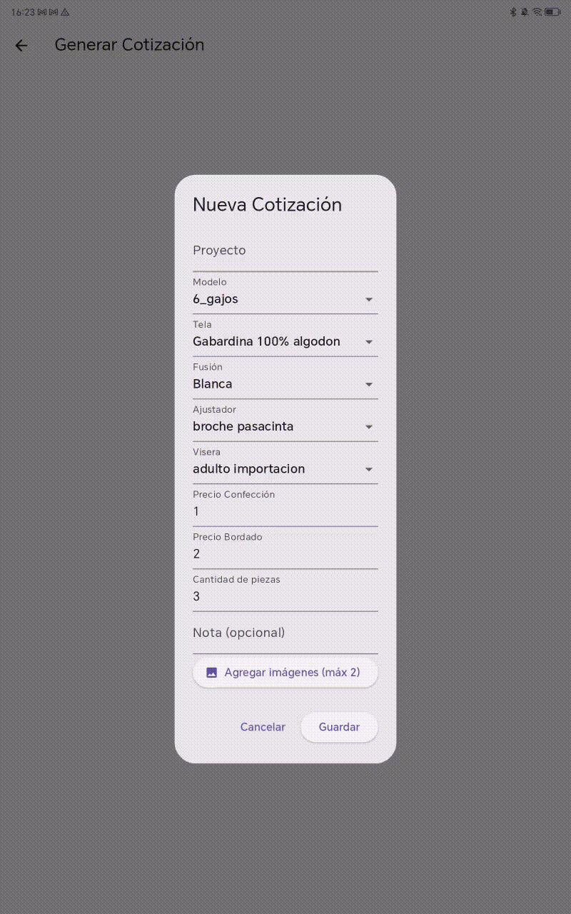 Cracion de cotizacion de gorras